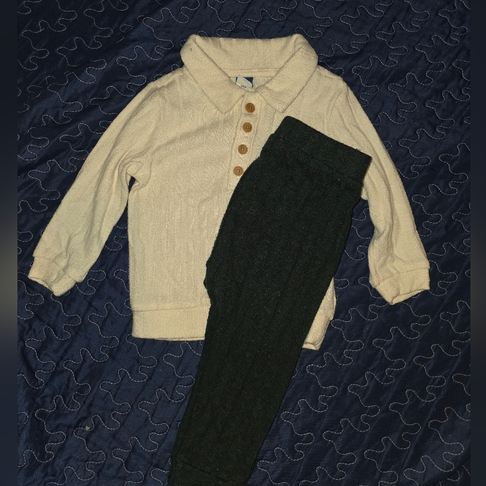 Cream Button-Up Sweater and Black Pants Set